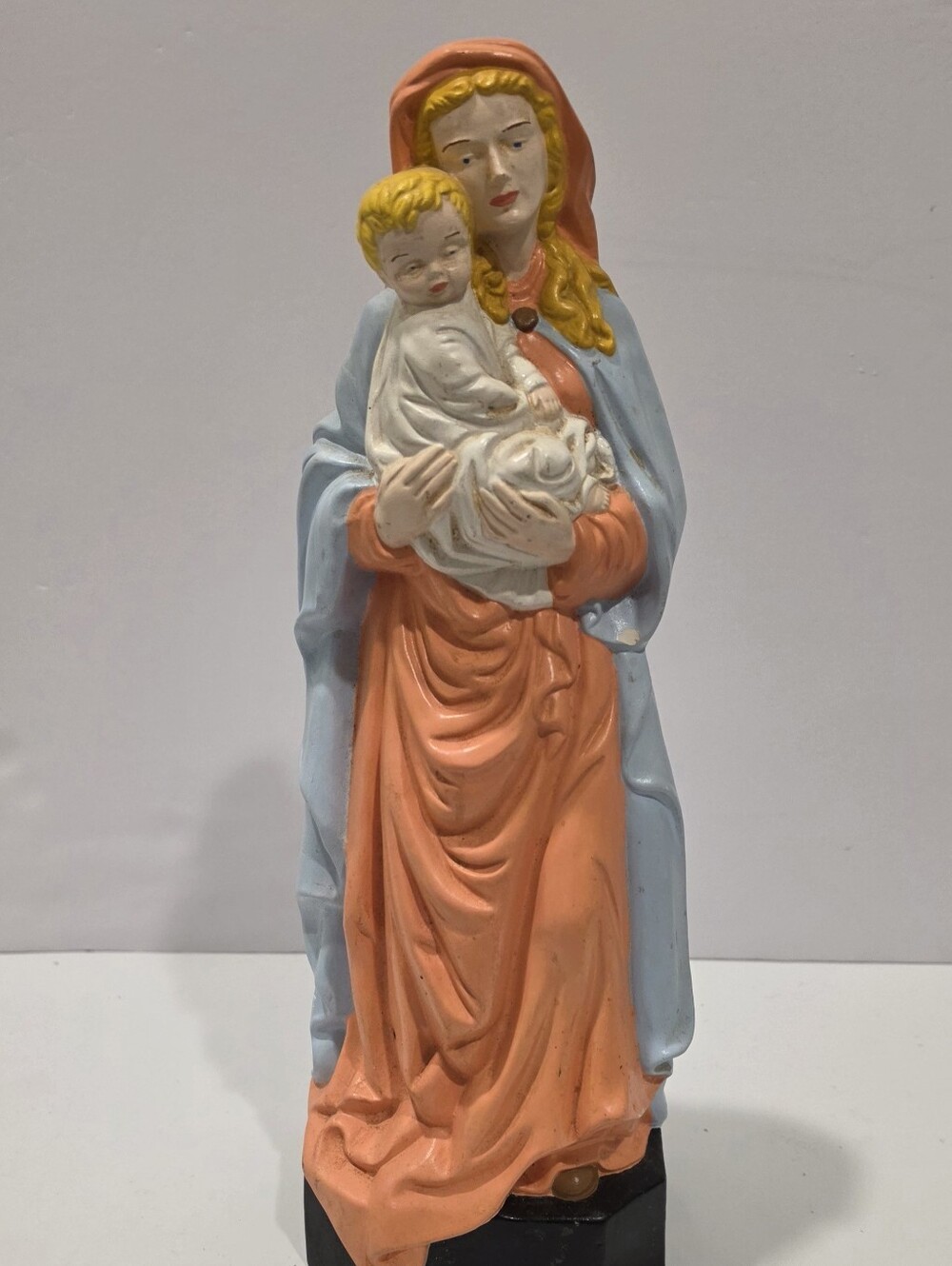 Hand-Painted Plaster Blue and Coral Virgin Mary Holding Baby Jesus